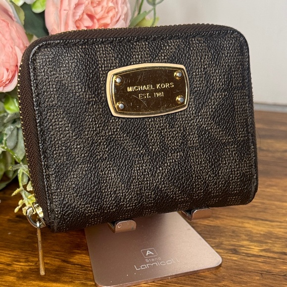 Michael Kors Handbags - Michael Kors Jet Set Leather Wallet - Dark Brown with Gold Emblem